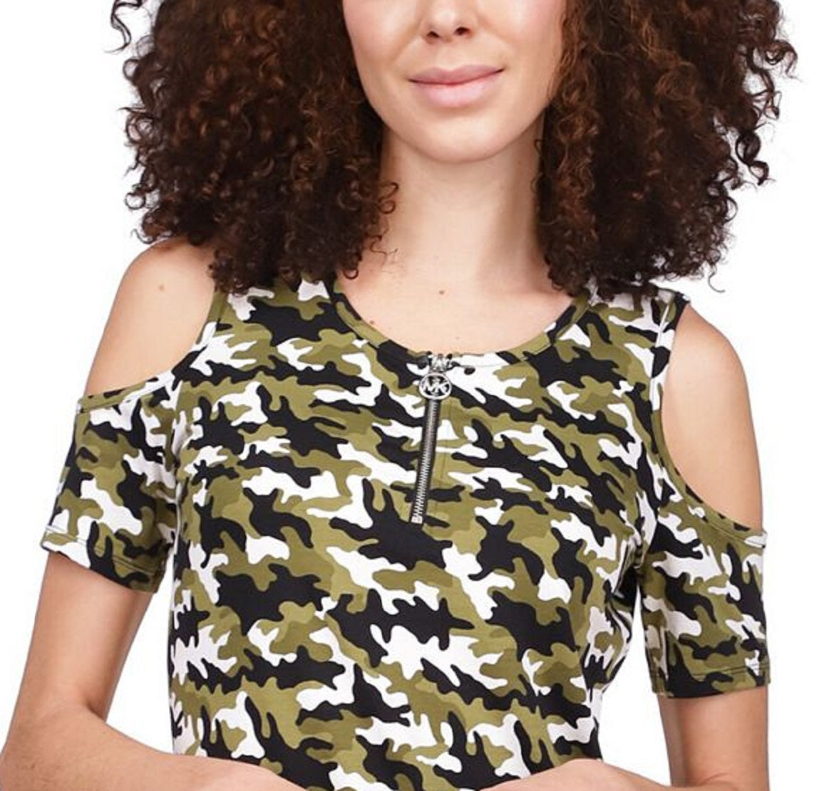 Blusa feminina Michael Kors estampada com ombros descobertos, verde, tamanho médio