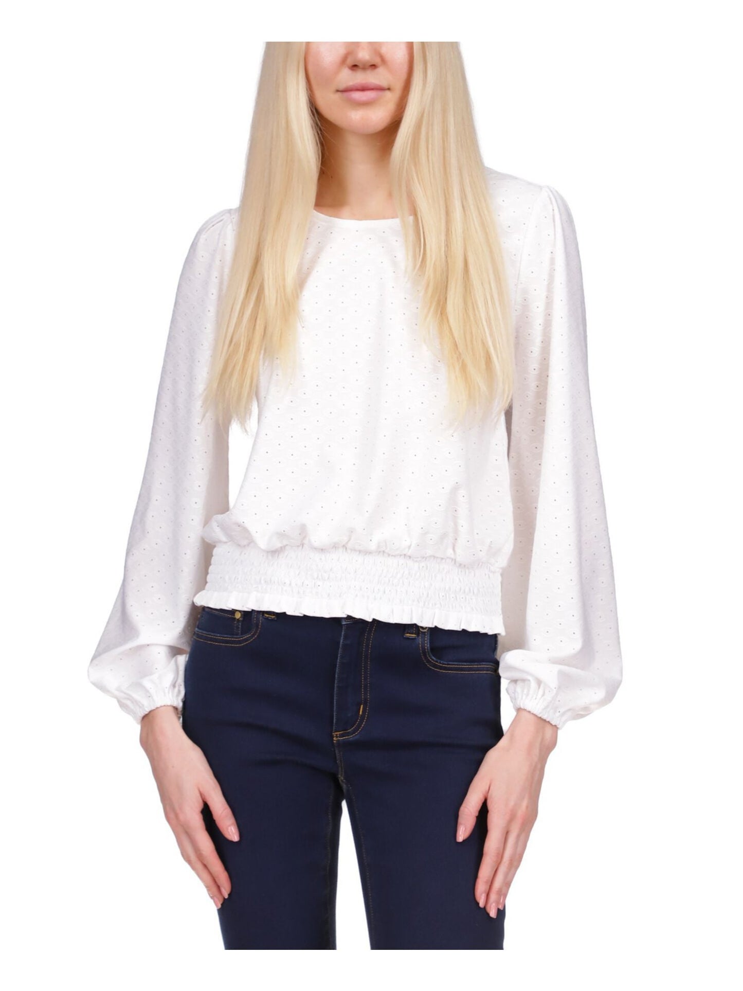 Blusa feminina Michael Kors com ilhós, punhos elásticos, manga comprida, decote redondo, branca, tamanho extrapequeno
