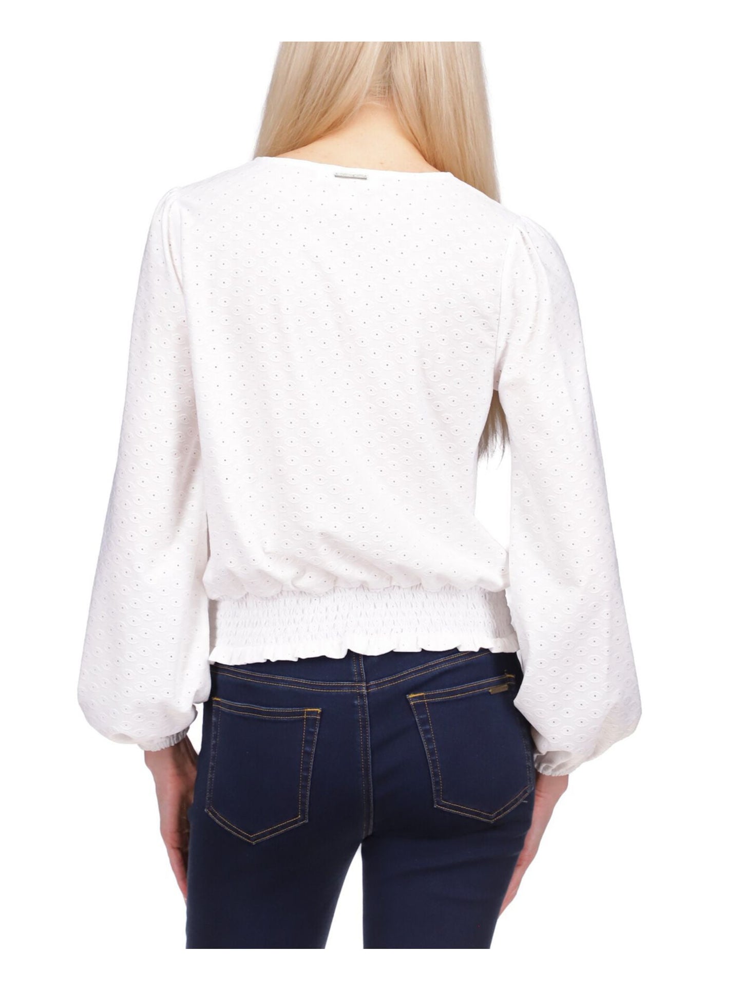 Blusa feminina Michael Kors com ilhós, punhos elásticos, manga comprida, decote redondo, branca, tamanho extrapequeno