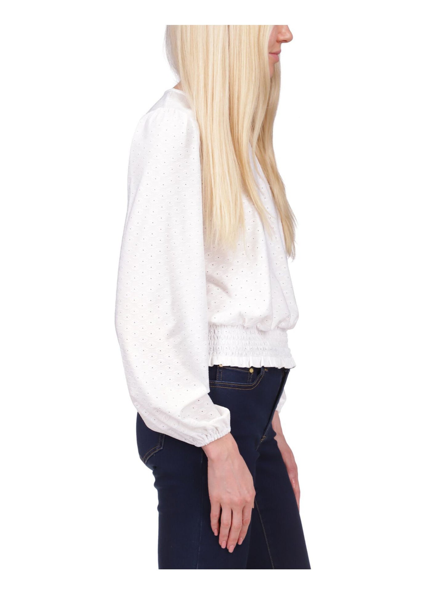 Blusa feminina Michael Kors com ilhós, punhos elásticos, manga comprida, decote redondo, branca, tamanho extrapequeno