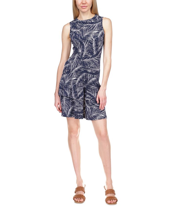 Vestido feminino Michael Kors com estampa de palmeira, sem mangas e babados, azul, tamanho X-S