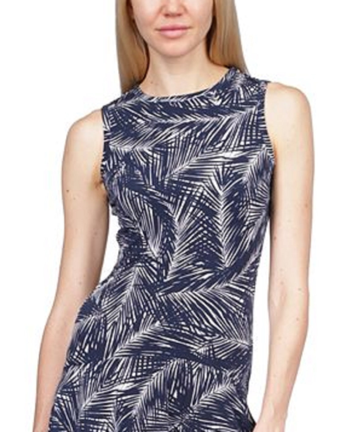 Vestido feminino Michael Kors com estampa de palmeira, sem mangas e babados, azul, tamanho X-S