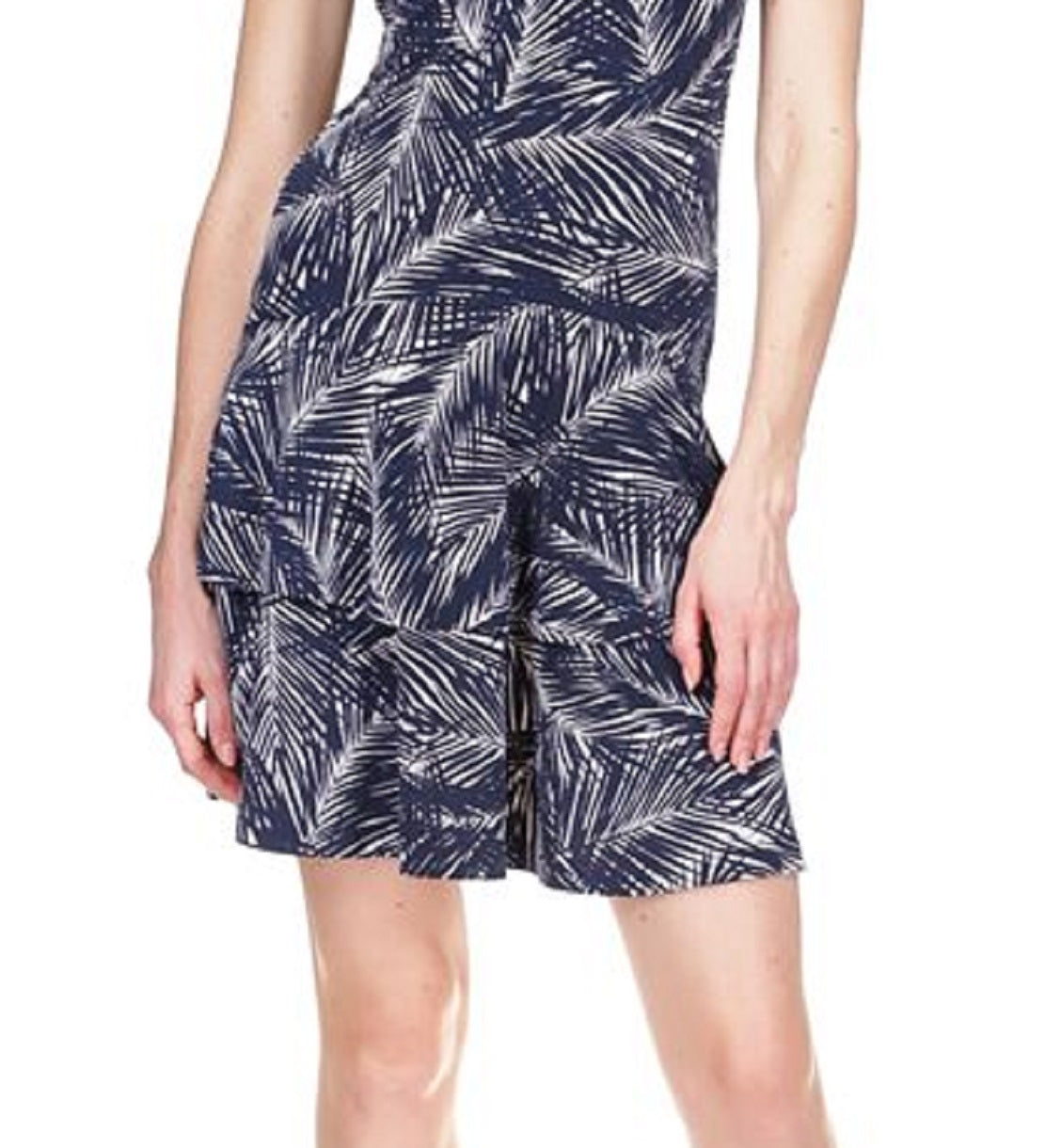 Vestido feminino Michael Kors com estampa de palmeira, sem mangas e babados, azul, tamanho X-S