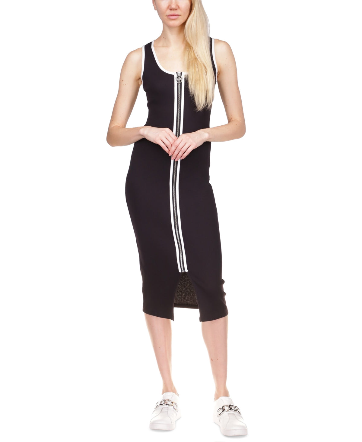 Vestido midi sem mangas com zíper feminino Michael Kors, preto, tamanho extrapequeno