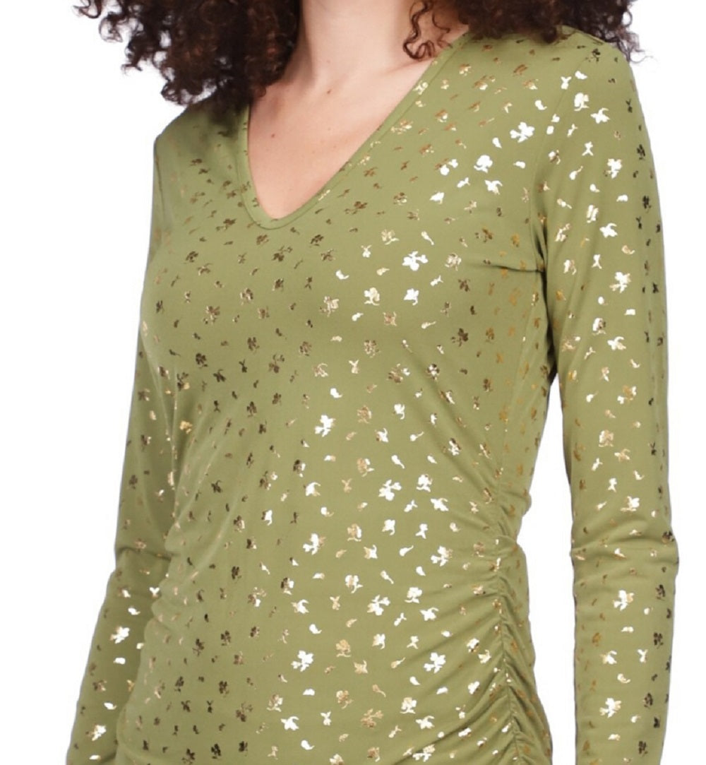 Blusa franzida com estampa metálica feminina Michael Kors, verde, tamanho pequeno, médio