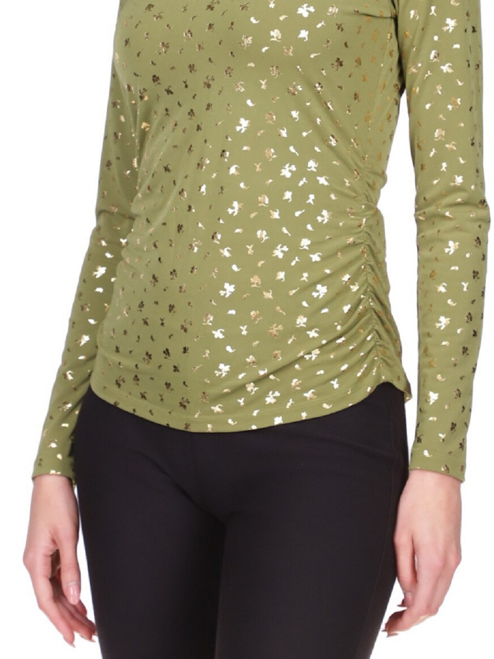 Blusa franzida com estampa metálica feminina Michael Kors, verde, tamanho pequeno, médio
