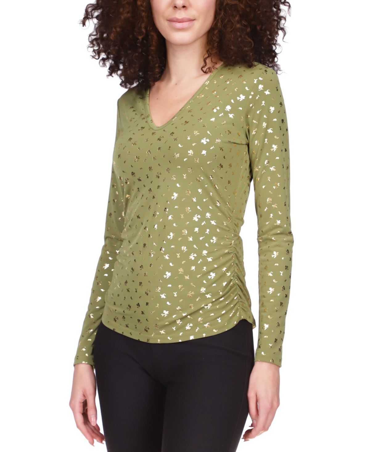 Blusa franzida com estampa metálica feminina Michael Kors, verde, tamanho pequeno, médio