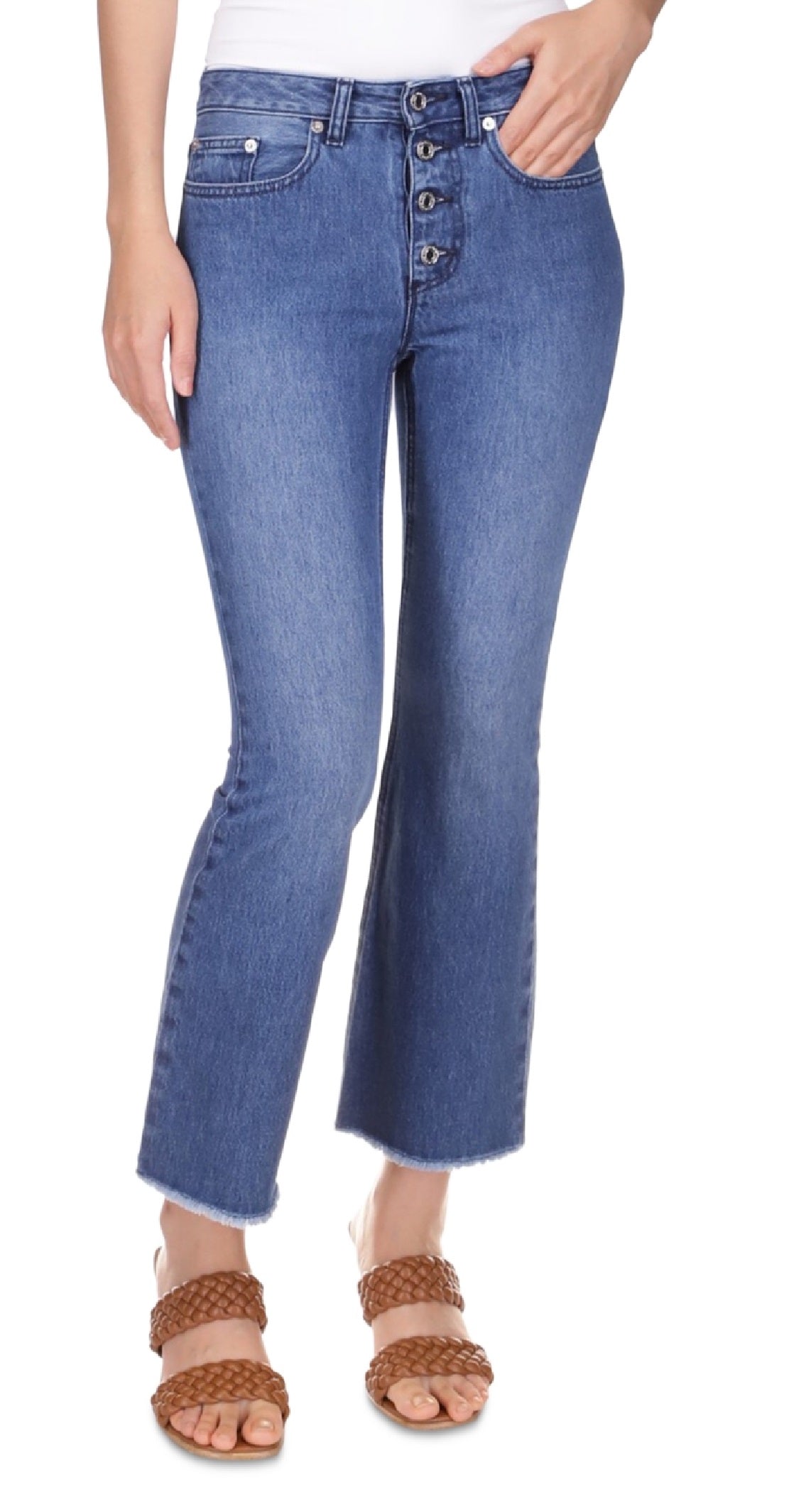 Calça Jeans Curta Michael Kors Feminina Flare com Bainha Desfiada Azul Tamanho 2 Petite