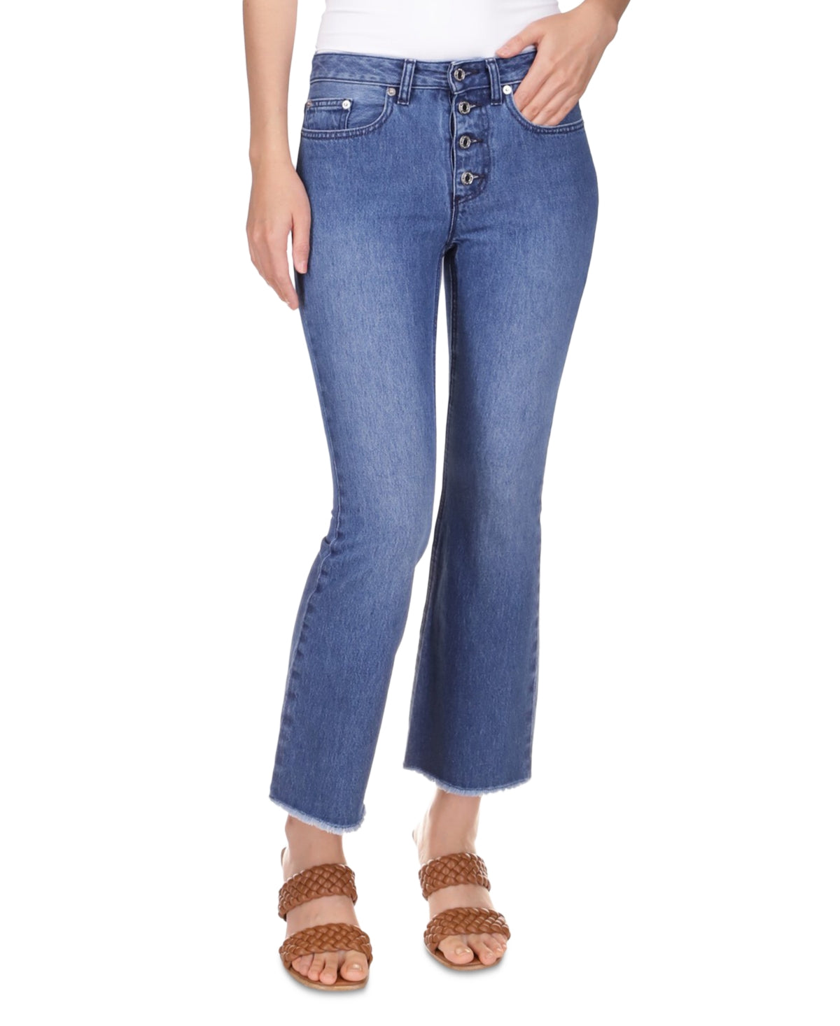 Calça Jeans Curta Michael Kors Feminina Flare com Bainha Desfiada Azul Tamanho 12 Petite