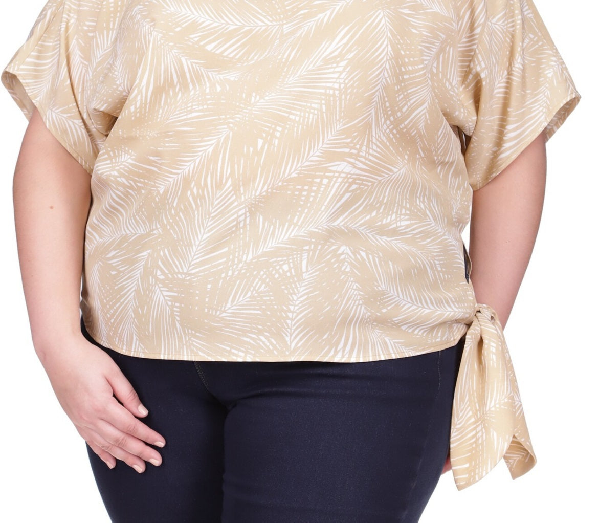 Blusa feminina Michael Kors com estampa de palmeira e amarração lateral, marrom, tamanho 3X