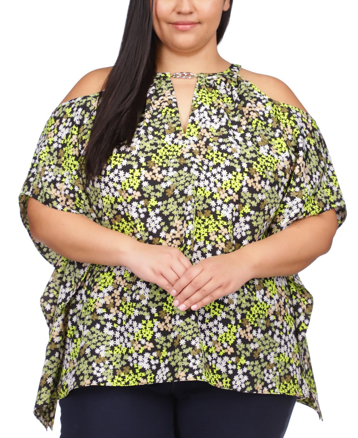 Blusa feminina Michael Kors com detalhe de corrente e ombro vazado, bainha com lenço, floral, manga curta, abertura para fechadura, verde, tamanho 2X