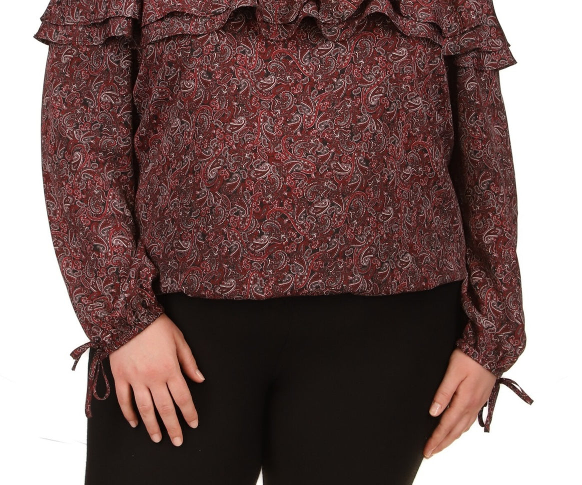 Top feminino Michael Kors com babados e punho amarrado, rosa, tamanho 1X