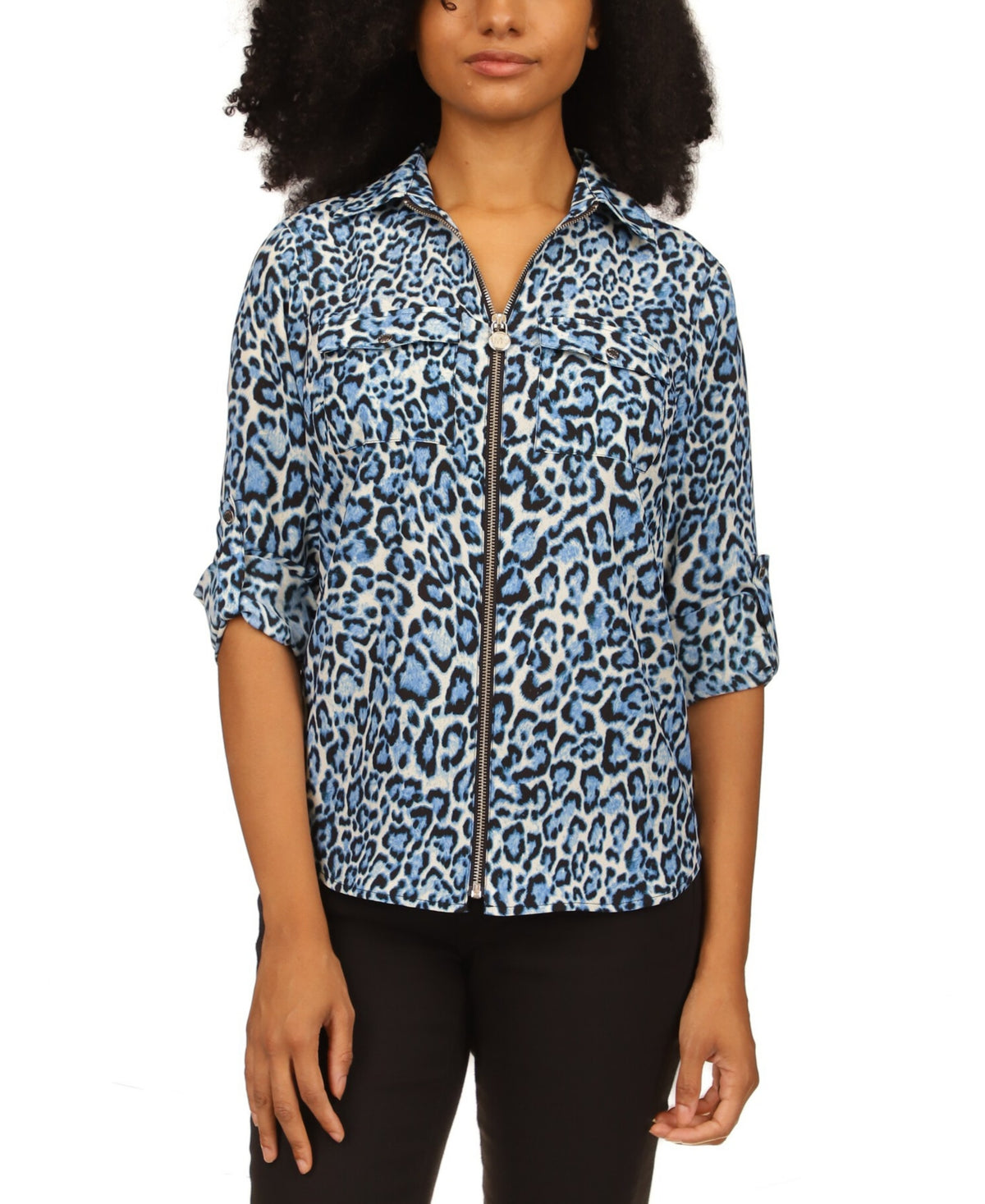 Blusa Michael Kors Feminina Wildcat Estampada com Zíper Frontal Azul Tamanho X-S