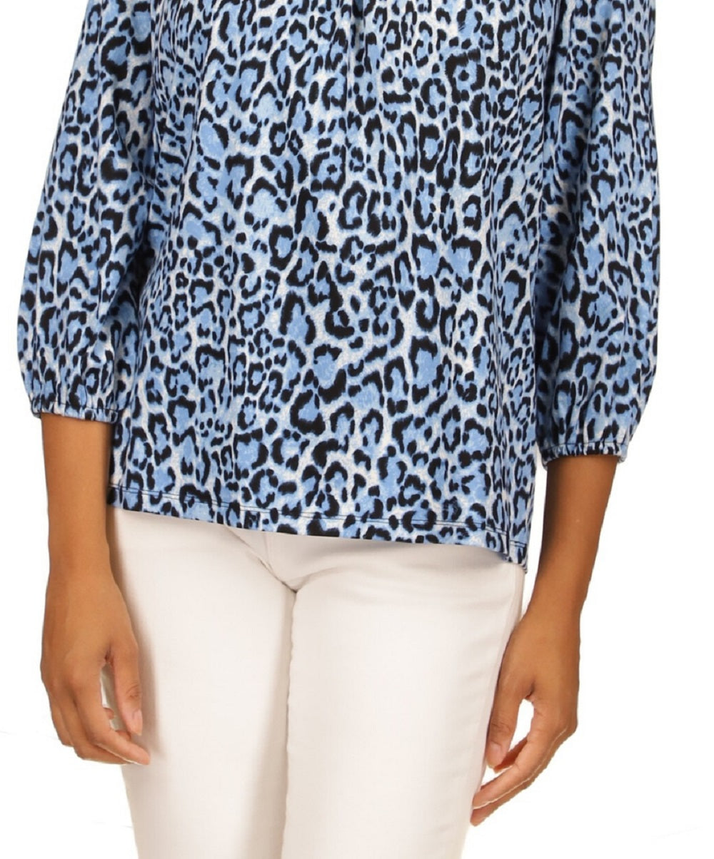 Blusa camponesa com estampa de gato selvagem Michael Kors feminina, azul, tamanho médio
