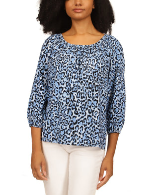 Blusa camponesa com estampa de gato selvagem Michael Kors feminina, azul, tamanho médio