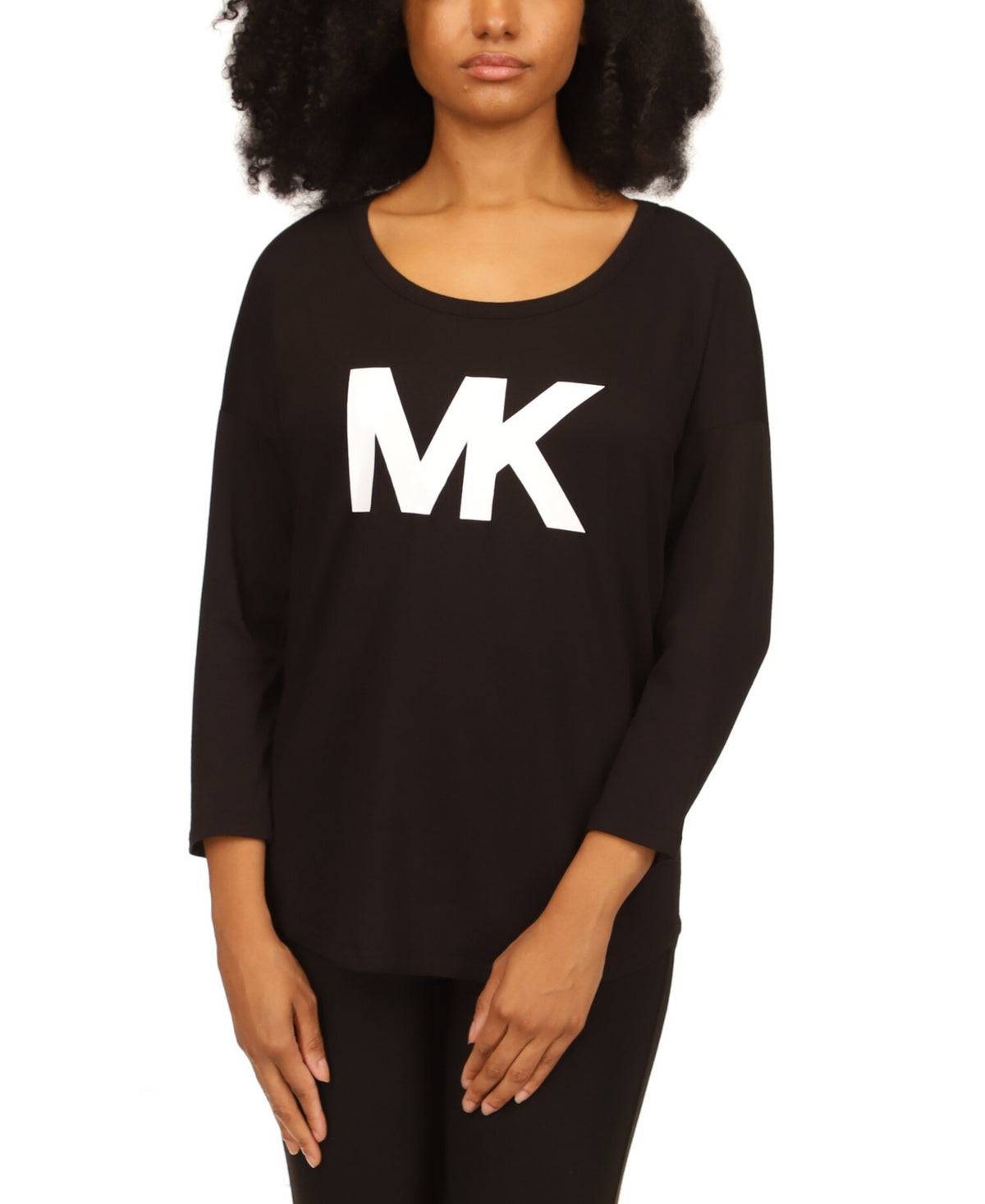 Camiseta feminina Michael Kors com decote redondo e logotipo, preta, tamanho grande