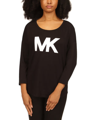 Camiseta feminina Michael Kors com decote redondo e logotipo, preta, tamanho grande