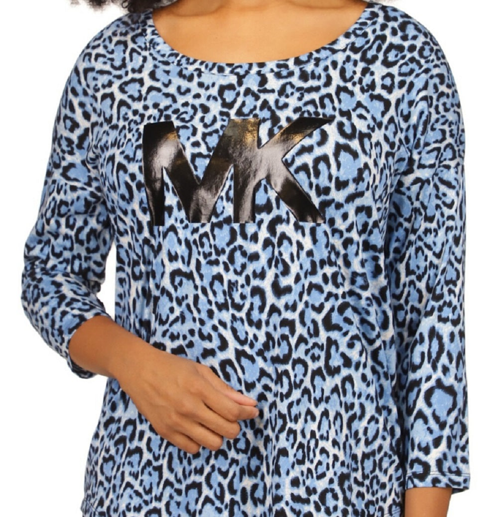 Camiseta feminina com estampa animal e logotipo Michael Kors, azul, tamanho grande