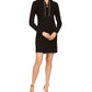 Vestido curto feminino Michael Kors com logo canelado e corrente, decote em V, manga comprida, gola, preto, tamanho médio