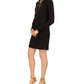 Vestido curto feminino Michael Kors com logo canelado e corrente, decote em V, manga comprida, gola, preto, tamanho médio