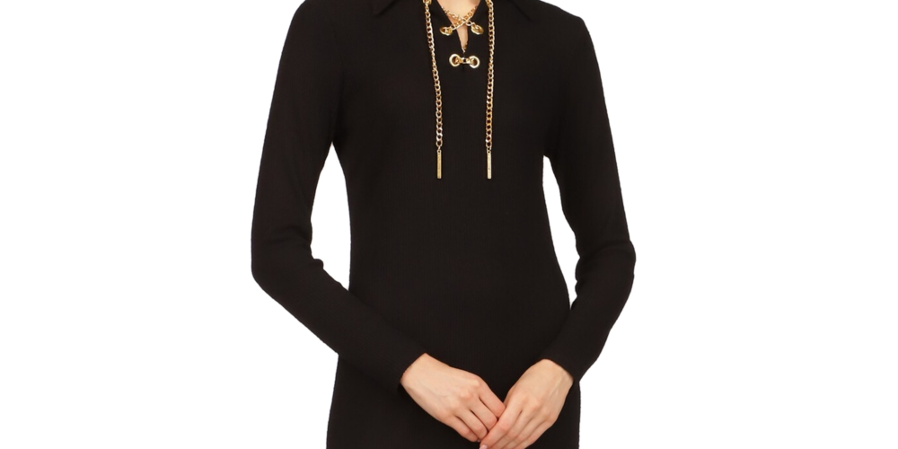 Vestido curto feminino Michael Kors com logo canelado e corrente, decote em V, manga comprida, gola, preto, tamanho médio