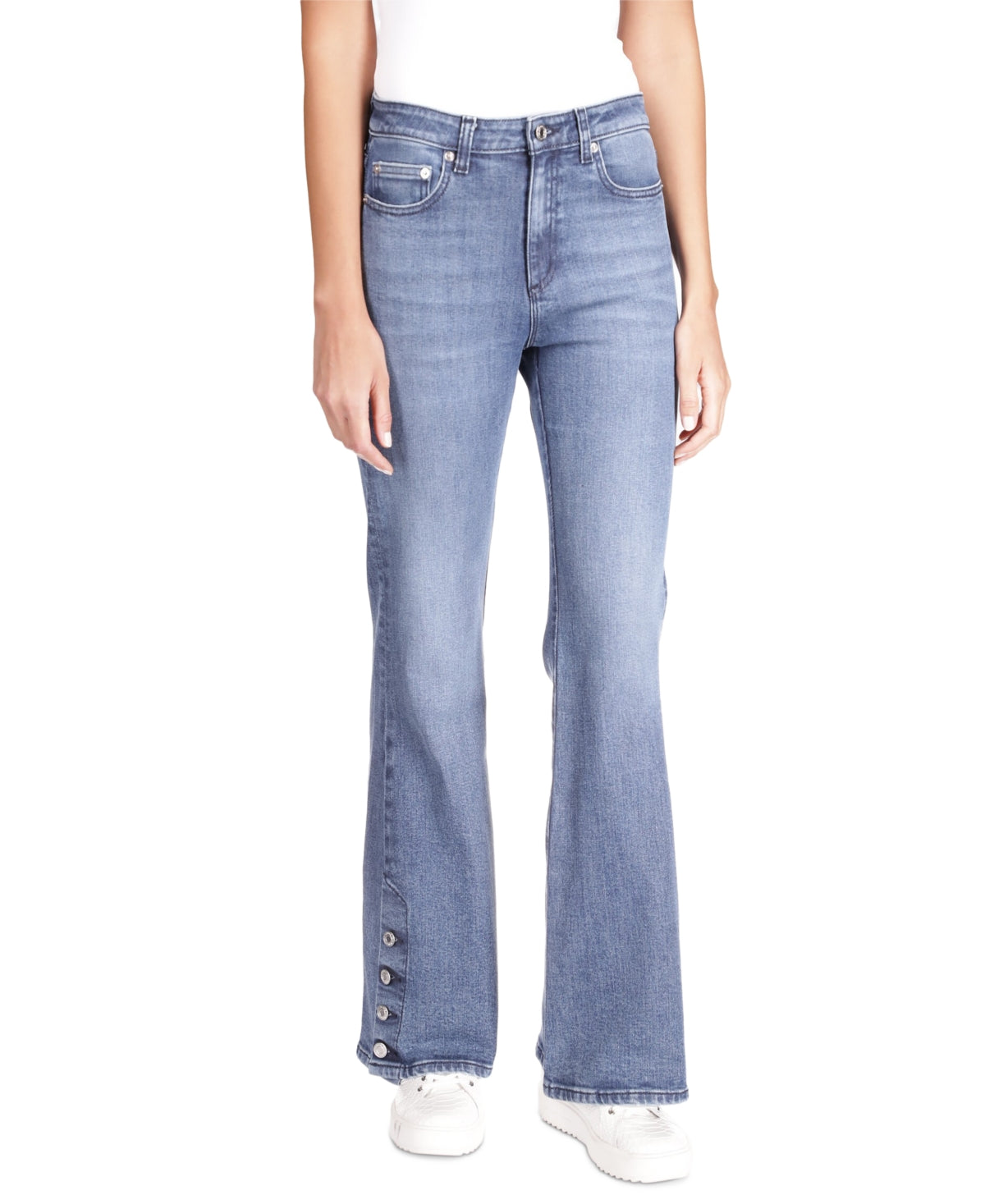 Calça jeans feminina Michael Kors Selma Shank com bainha abotoada e perna larga, azul, tamanho 16