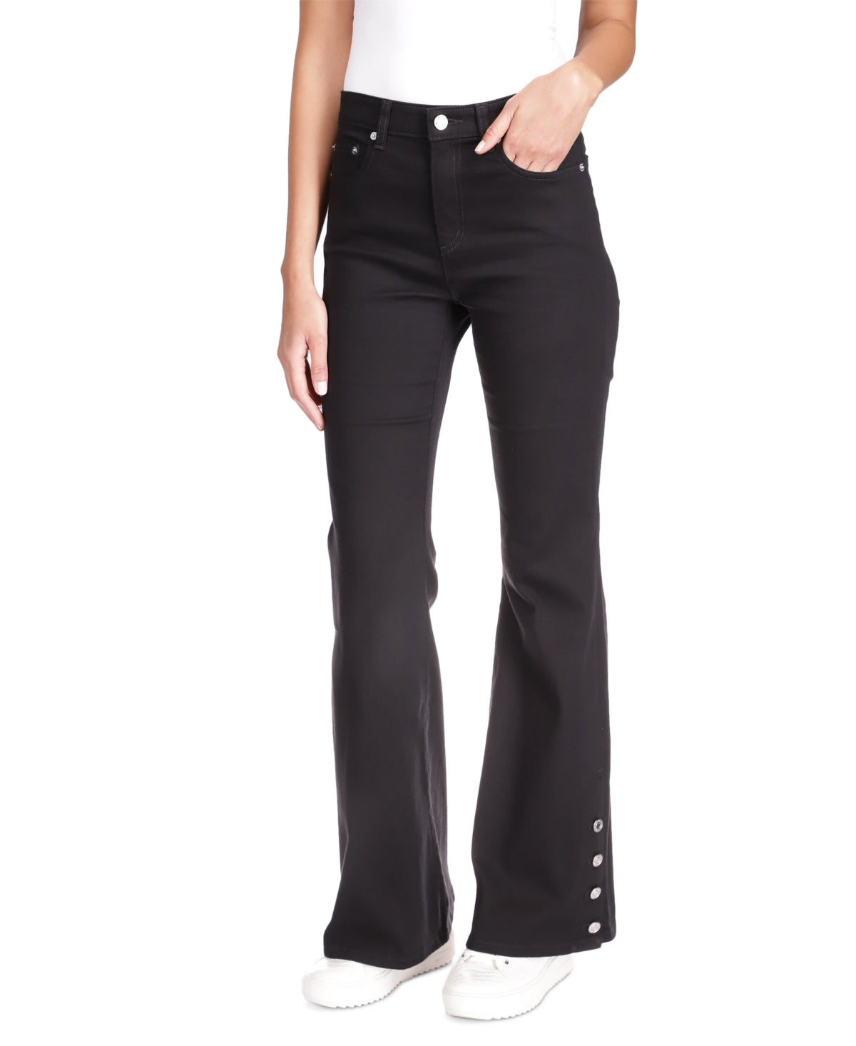 Calça jeans feminina Michael Kors Selma de cintura alta e boca de sino, preta, tamanho 16