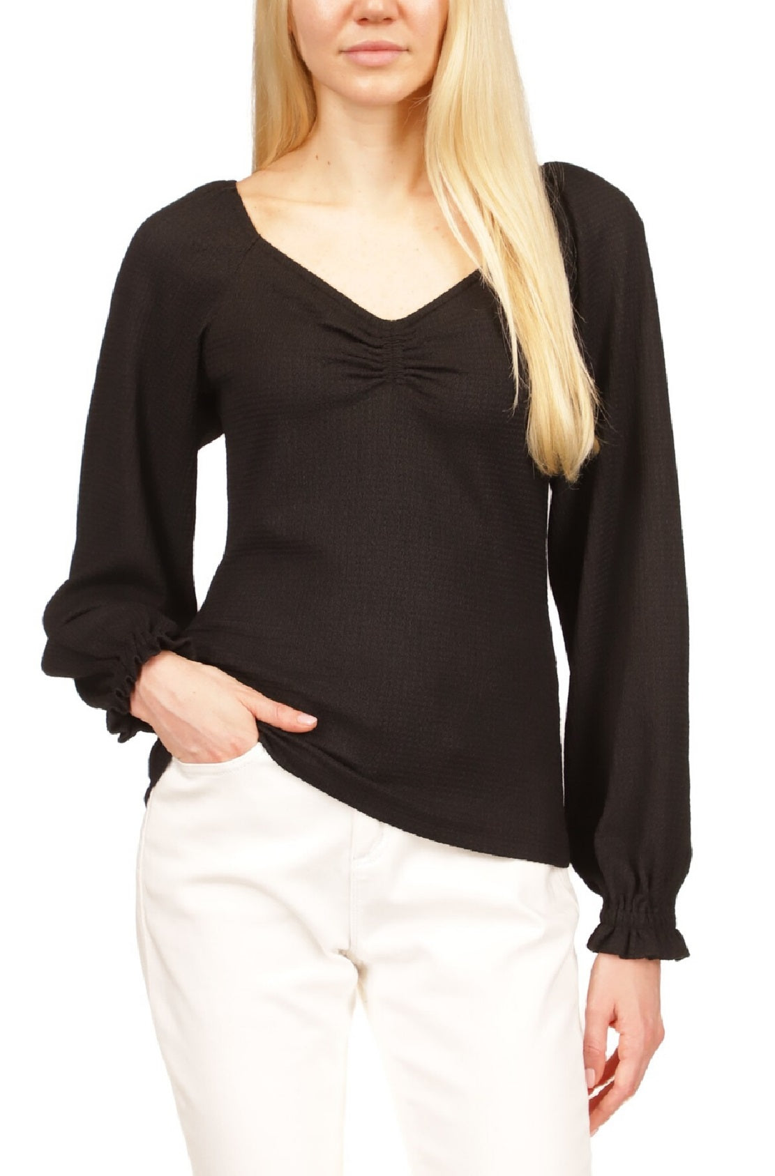 Blusa feminina Michael Kors com manga bufante franzida, preta, tamanho pequeno grande