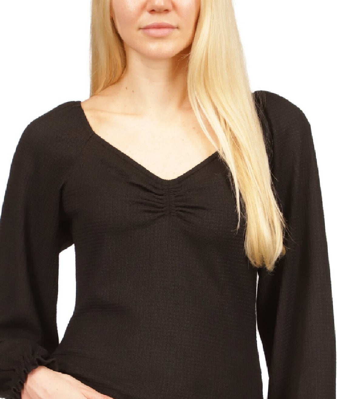 Blusa feminina Michael Kors com manga bufante franzida, preta, tamanho pequeno grande