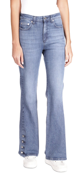Calça jeans feminina Michael Kors com bainha abotoada e perna larga, azul, tamanho 2, pequena