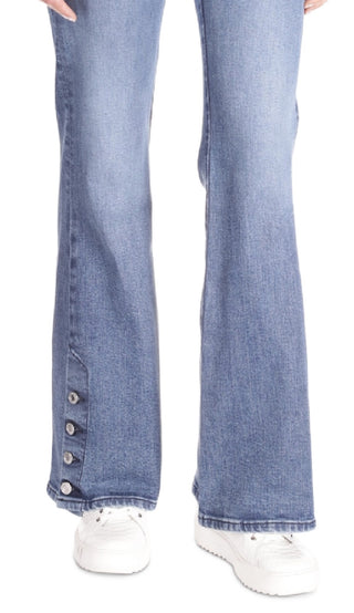 Calça jeans feminina Michael Kors com bainha abotoada e perna larga, azul, tamanho 2, pequena