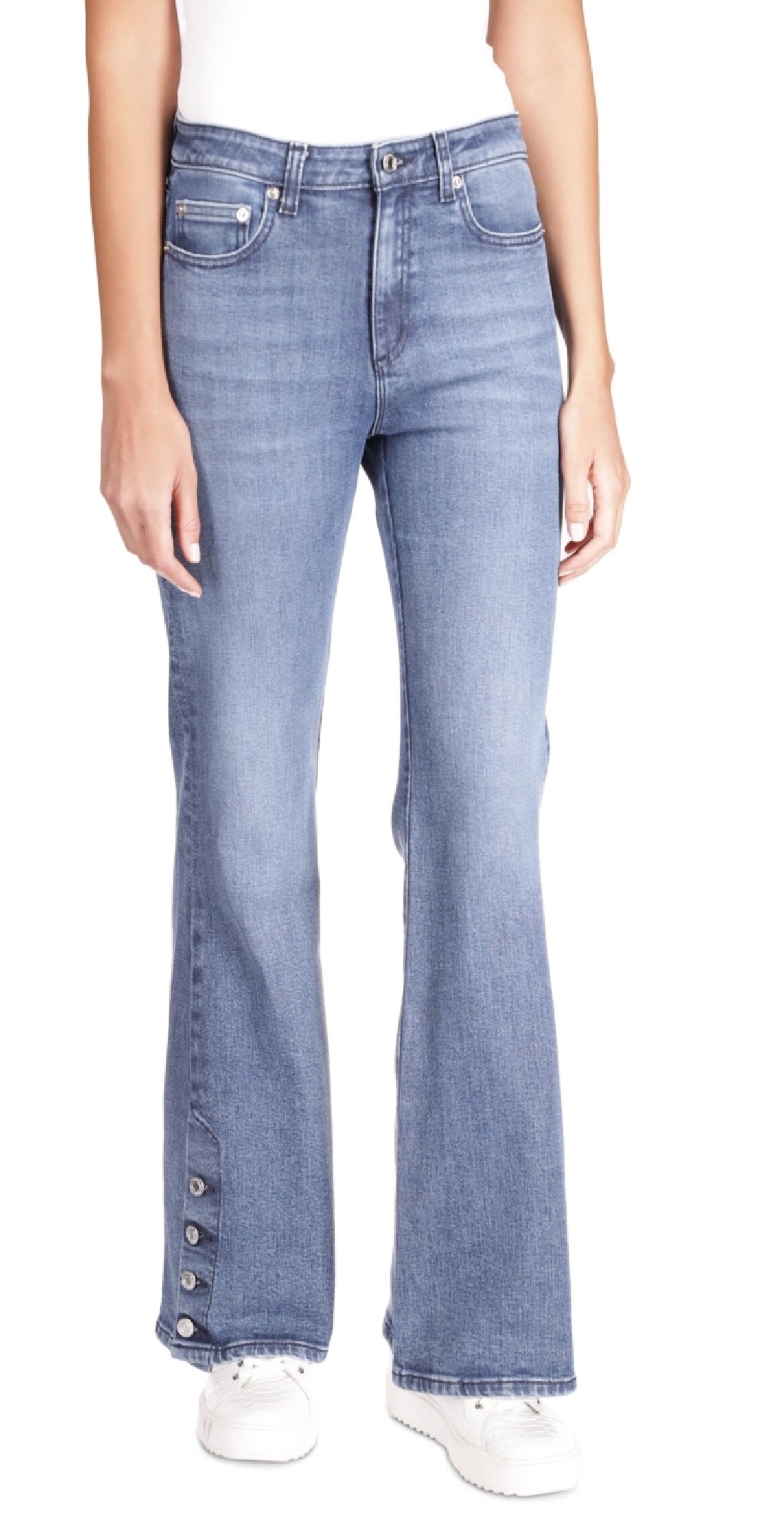Calça jeans feminina Michael Kors com bainha abotoada e perna larga, azul, tamanho 10, pequena