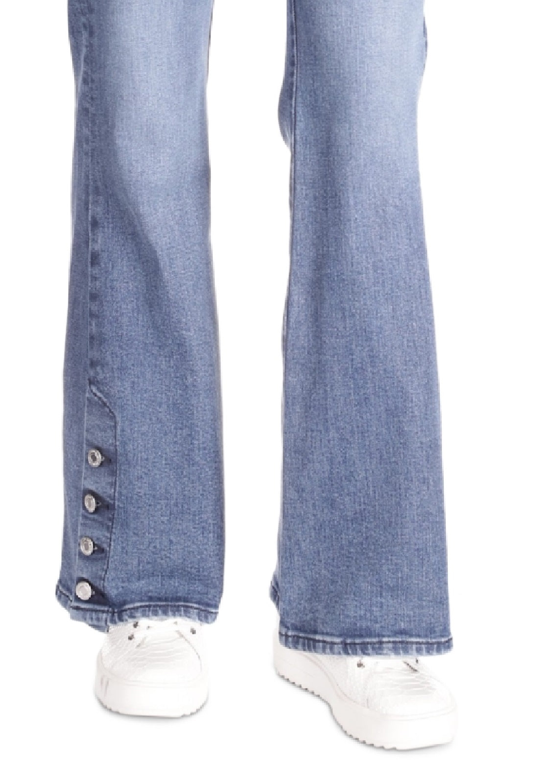 Calça jeans feminina Michael Kors com bainha abotoada e perna larga, azul, tamanho 10, pequena