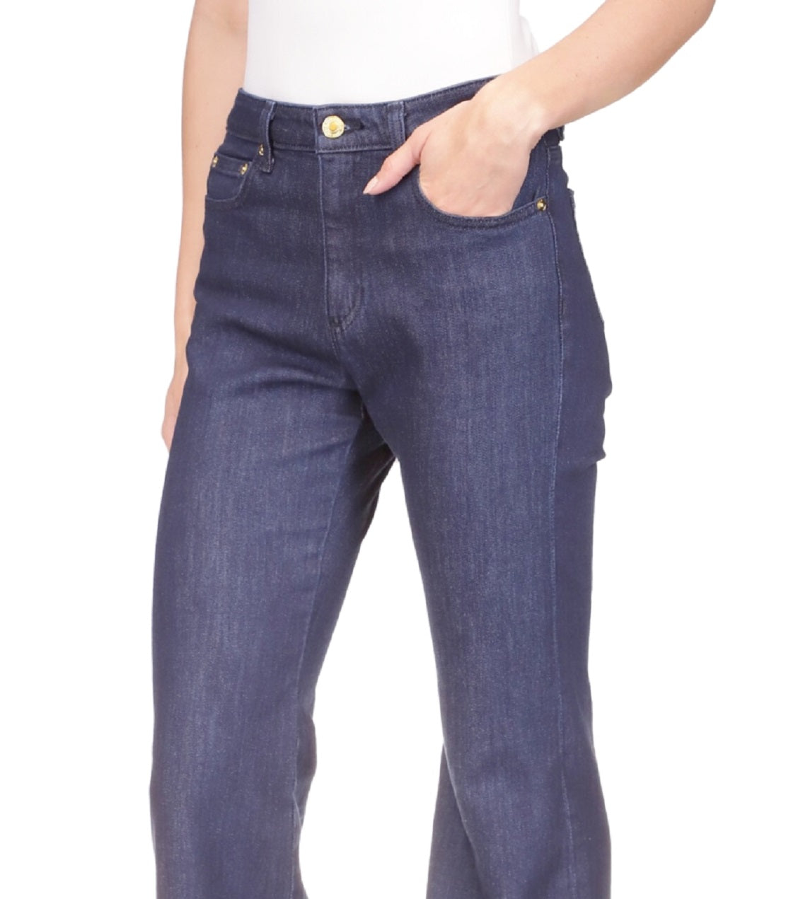 Calça jeans feminina Michael Kors com bainha abotoada e perna larga, azul, tamanho 8, pequena