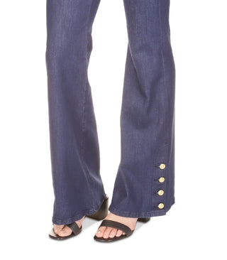Calça jeans feminina Michael Kors com bainha abotoada e perna larga, azul, tamanho 8, pequena
