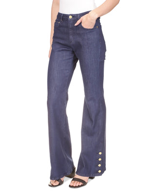 Calça jeans feminina Michael Kors com bainha abotoada e perna larga, azul, tamanho 8, pequena