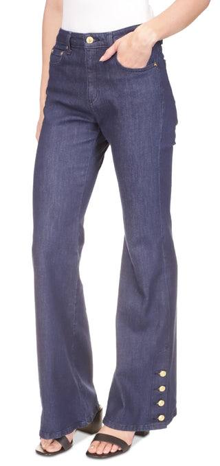 Calça jeans feminina Michael Kors com bainha abotoada e perna larga, azul, tamanho 12, pequena