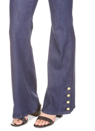 Calça jeans feminina Michael Kors com bainha abotoada e perna larga, azul, tamanho 12, pequena
