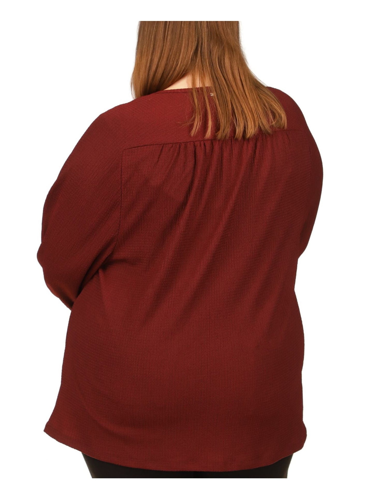 Blusa feminina Michael Kors texturizada, franzida, manga comprida, decote em V, vermelha, tamanho 2X