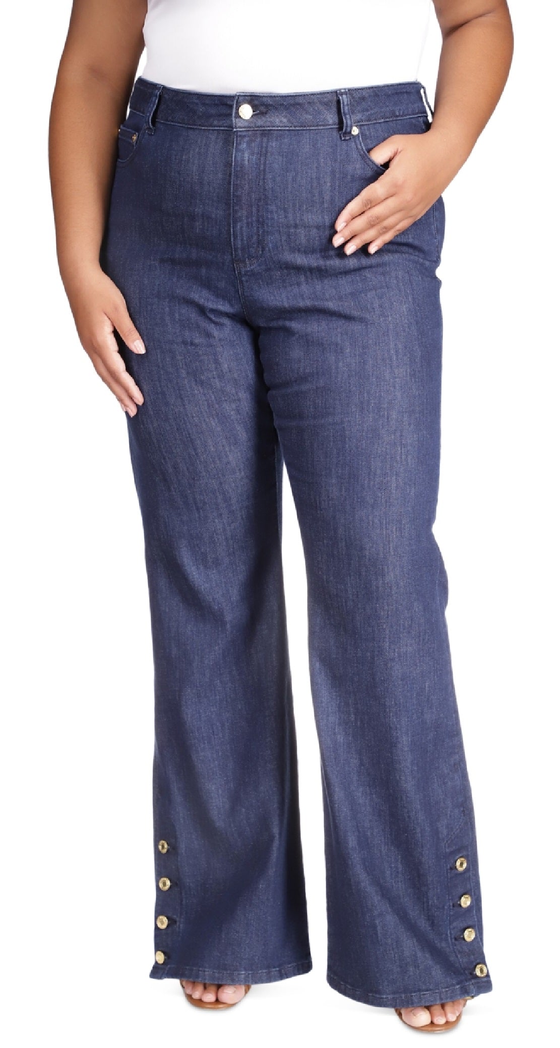 Calça jeans feminina Michael Kors Selma com bainha de botão, azul, tamanho 18W