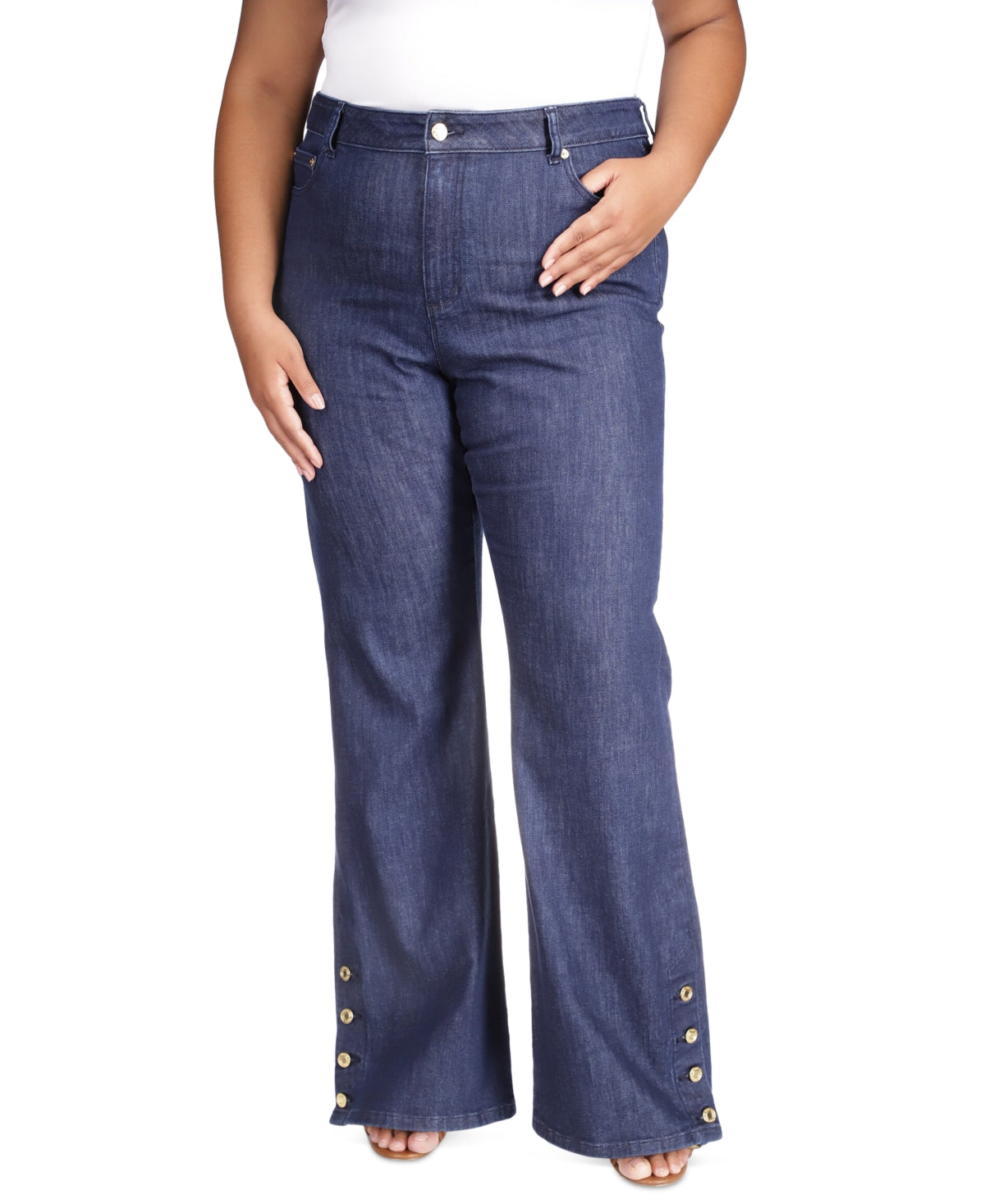 Calça jeans flare feminina Michael Kors com bolso e zíper, azul, tamanho 24W