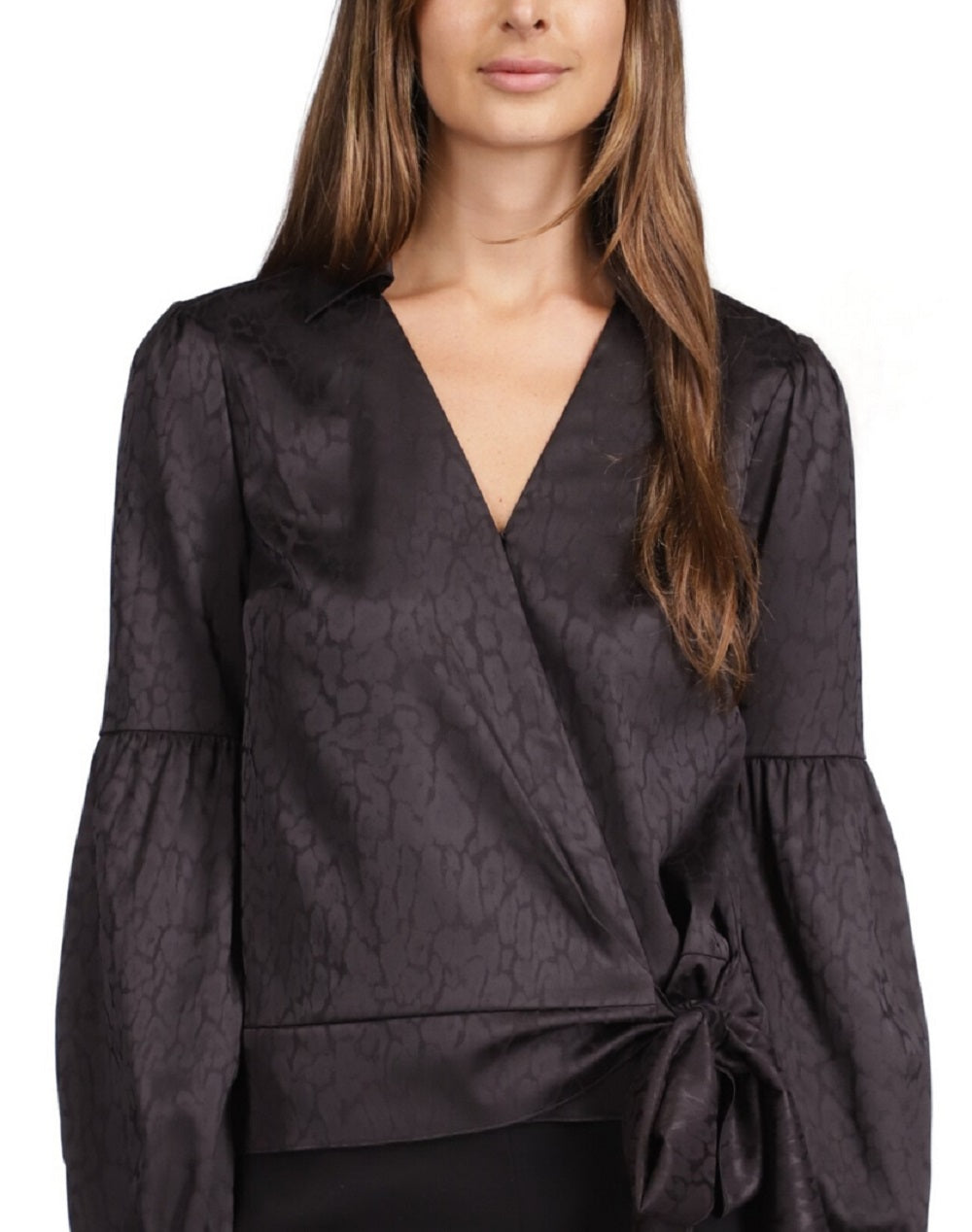 Blusa envolvente sintética com estampa de chita feminina Michael Kors, preta, tamanho X-S