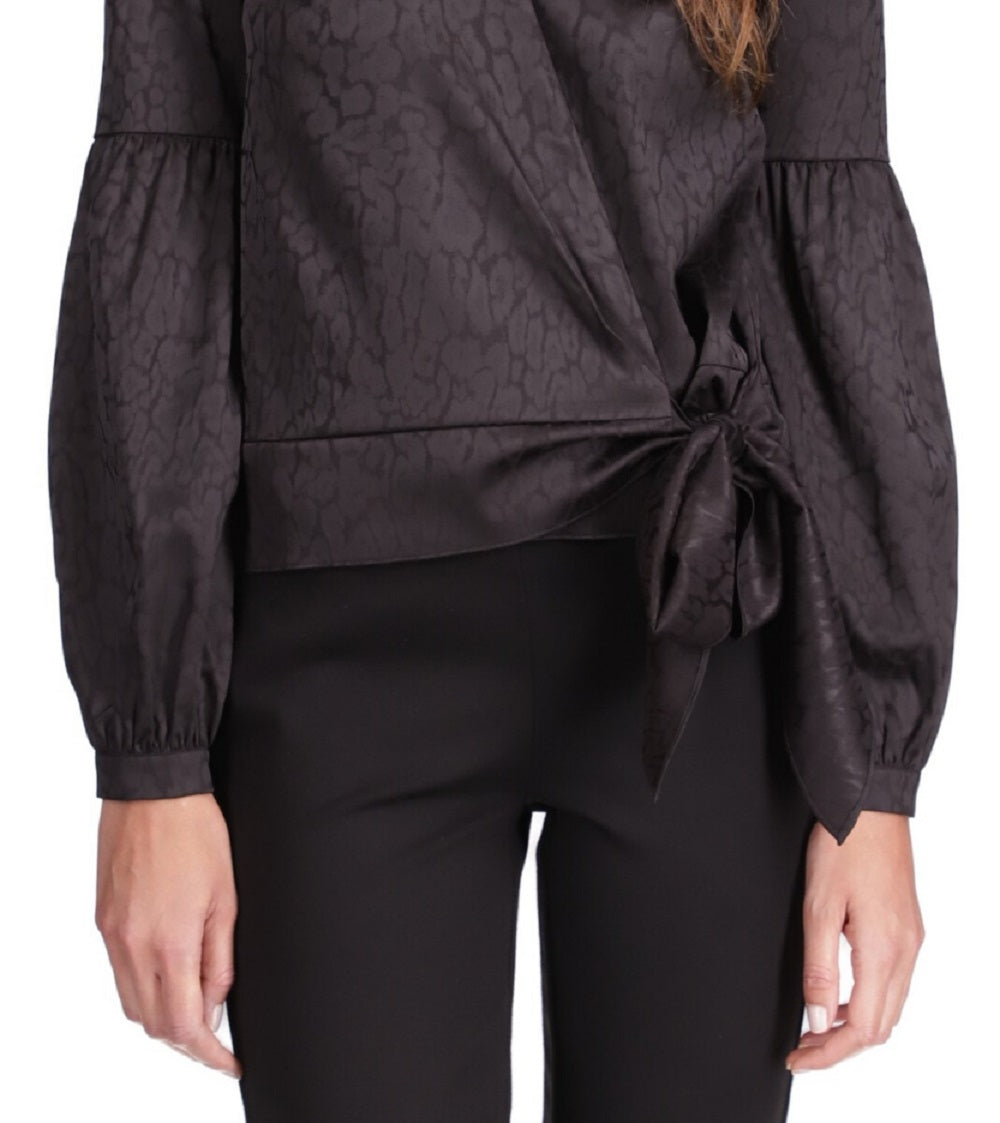 Blusa envolvente sintética com estampa de chita feminina Michael Kors, preta, tamanho X-S