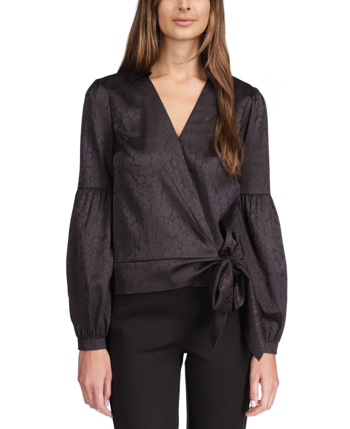 Blusa envolvente sintética com estampa de chita feminina Michael Kors, preta, tamanho X-S
