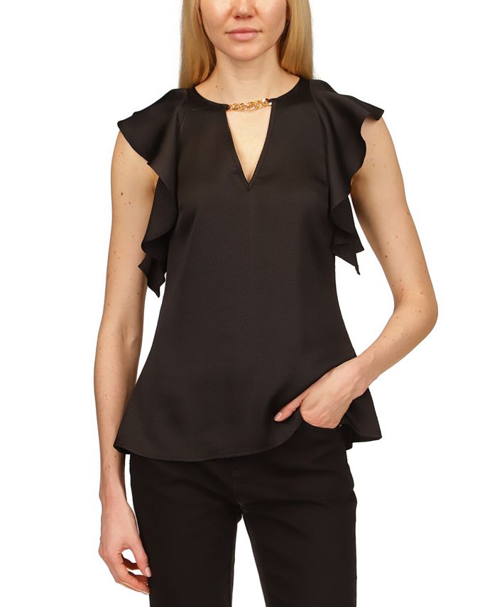 Top de cetim com babados e corrente feminino Michael Kors, preto, tamanho grande