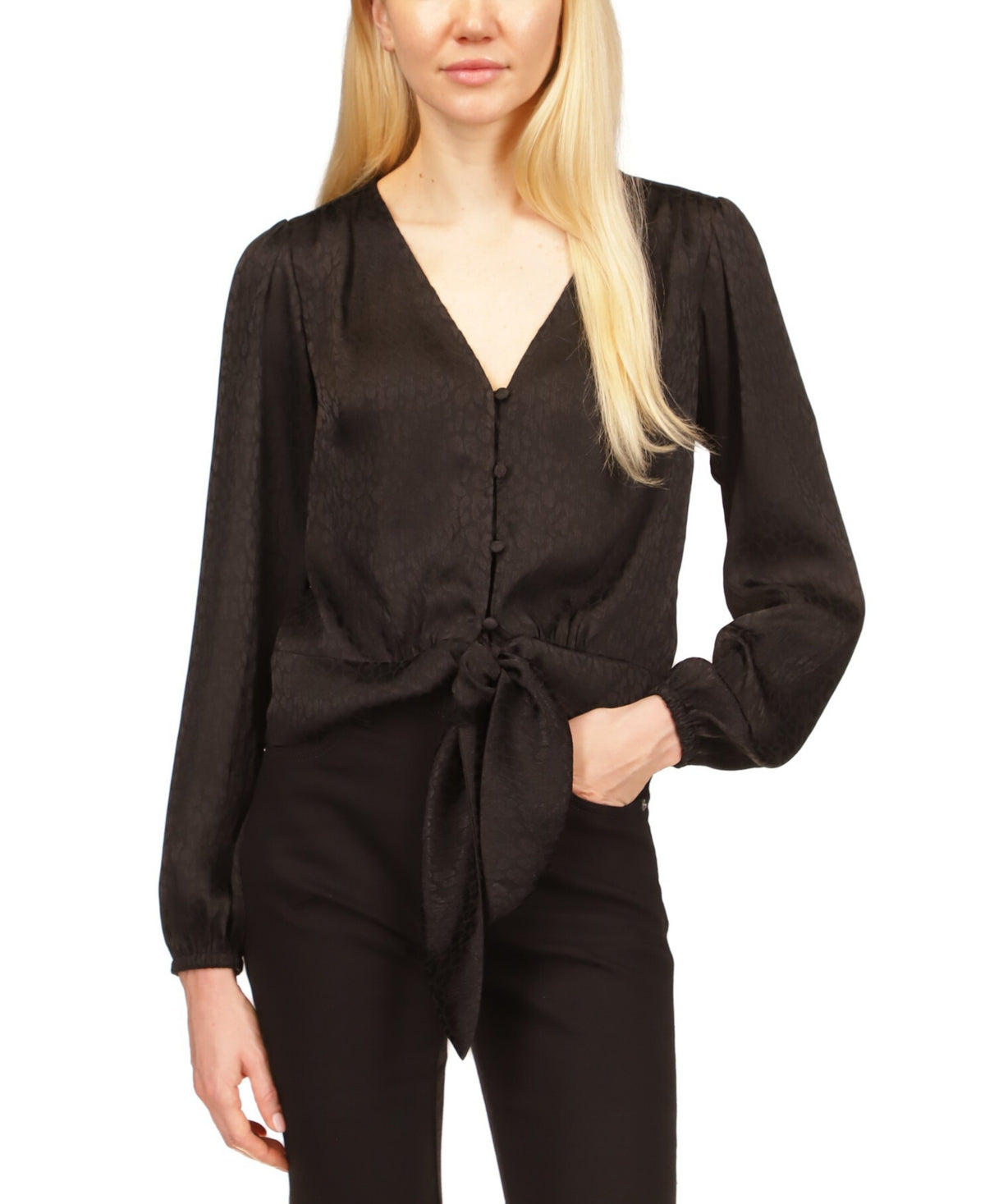 Camisa feminina Michael Kors com estampa de animais em jacquard e amarração frontal, preta, tamanho médio