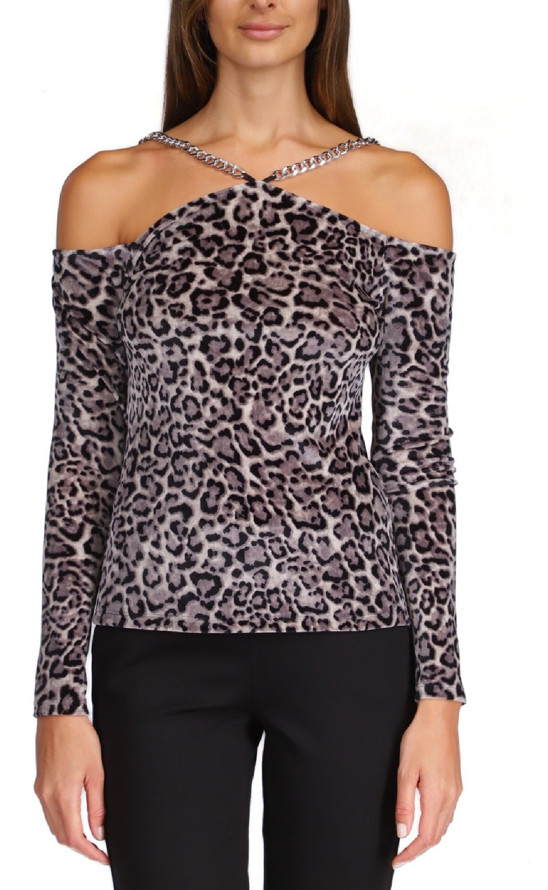 Blusa feminina Michael Kors com estampa de veludo e ombro vazado, cinza, tamanho grande