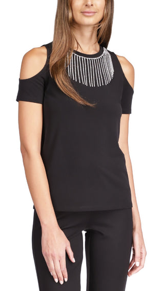 Blusa feminina Michael Kors com strass e ombro vazado, preta, tamanho médio