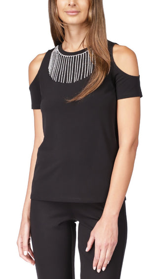 Blusa feminina Michael Kors com strass e ombro vazado, preta, tamanho médio