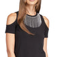 Blusa feminina Michael Kors com strass e ombro vazado, preta, tamanho médio